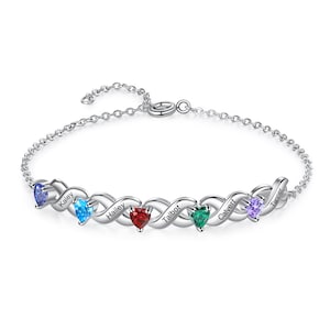 Pulseira infinita personalizada para ela com pedras de aniversário de coração, 2 a 7 nomes personalizados - presente para mãe, irmã, joias de família