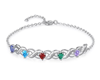 Bracelet infini personnalisé pour elle avec coeurs de pierres de naissance, 2 à 7 noms personnalisés - Cadeau pour maman, soeur, bijoux de famille