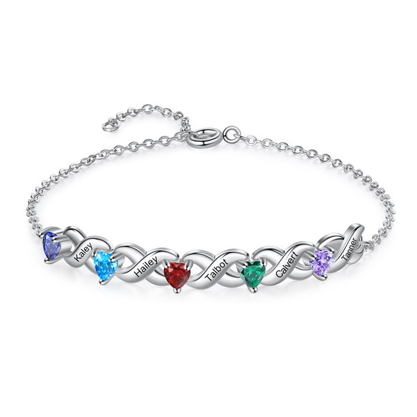 Bracelet infini personnalisé pour elle avec des pierres de naissance de coeur, noms personnalisés 2-7 - cadeau pour maman, soeur, bijoux de famille