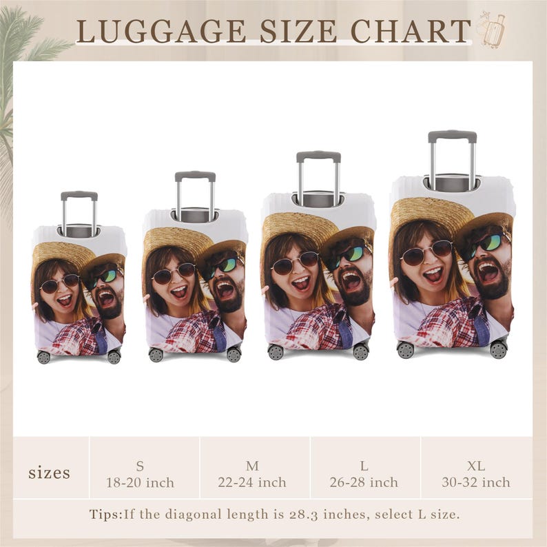May include: A size chart for luggage with four different sizes: small, medium, large, and extra large. The chart shows the dimensions of each size in inches. The chart also includes a tip for selecting the correct size based on the diagonal length of the luggage.