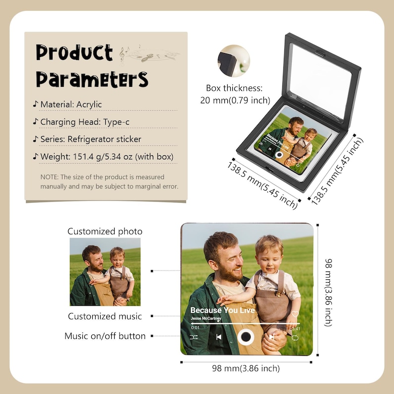 Custom Music Fridge Magnet, Personalized Photo & Music Fridge Magnet, Play Whole Song Music Box, Voicemail Keepsake Anniversary Gift for Him image 5