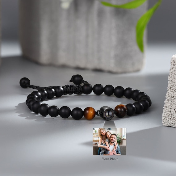 Personalized Photo Projection Bracelet for Men, Beaded Bracelet with Photo Picture Inside, Memorial Gift for Him, Christmas Gifts