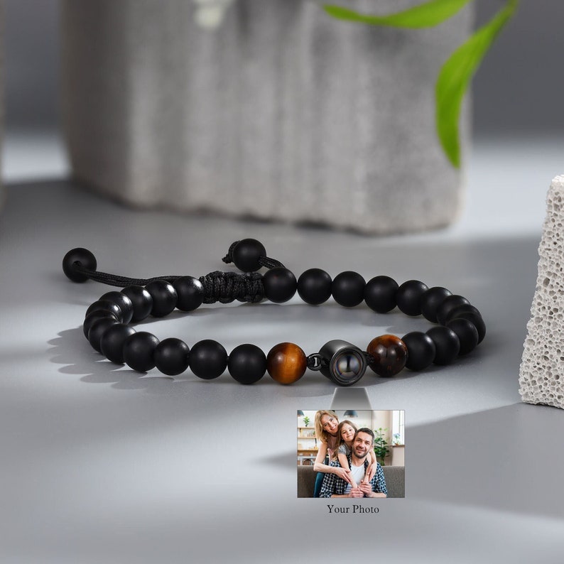 Personalized Projection Photo Bracelet Black Lava Stone Beaded Bracelet for Men Women Memorial Picture Adjustable Bracelet Father's Day Gift image 3