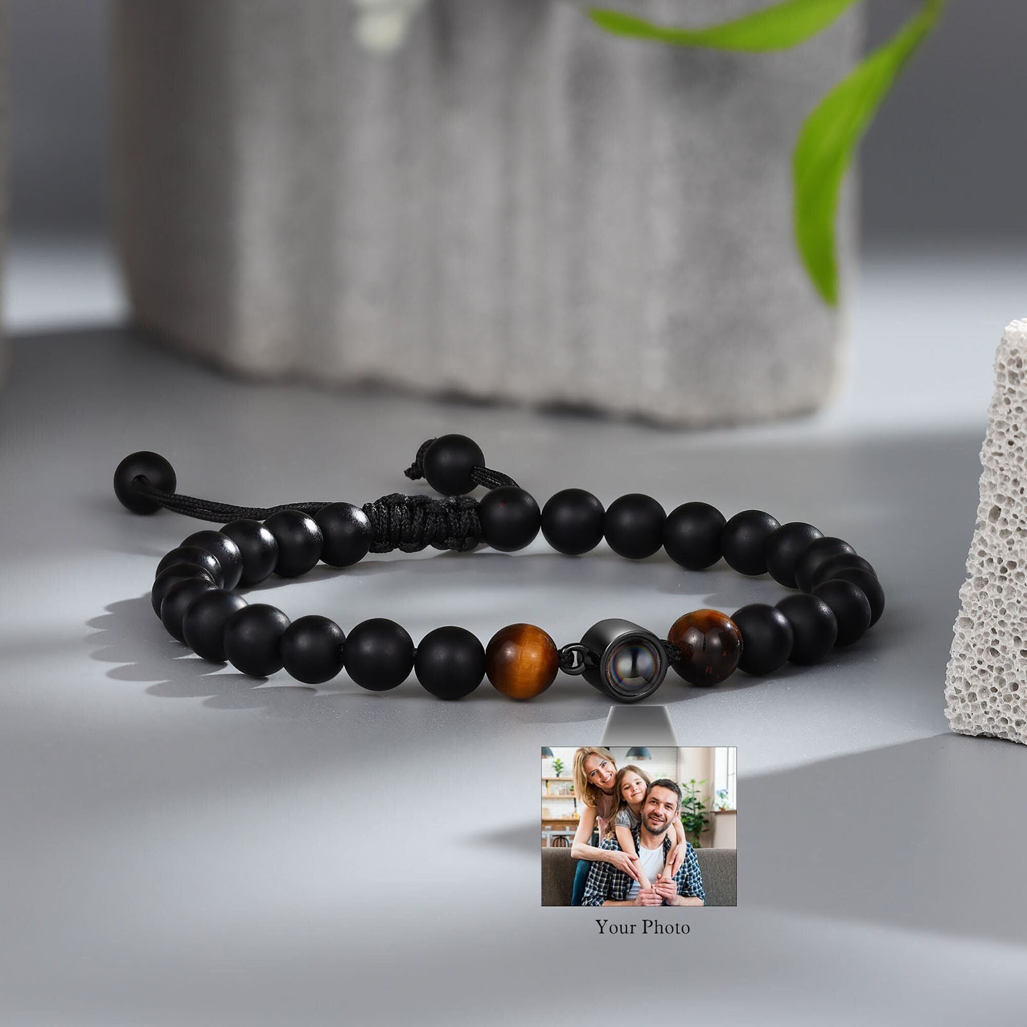 Personalized Photo Projection Bracelet for Men, Beaded Bracelet with Photo Picture Inside, Memorial Gift for Him, Fahtiers Day Gift