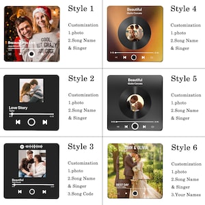 May include: Six different styles of customizable music player designs. Each design features a black background with a white play button and a photo of a couple. The text "Cool, But Crazy, But Cool" is visible in the first design. The text "Love Story" is visible in the second design. The text "Beautiful" is visible in the third design. The text "John & Olivia" is visible in the fourth design. The text "Best Day" is visible in the fifth design. The text "Your Names" is visible in the sixth design.