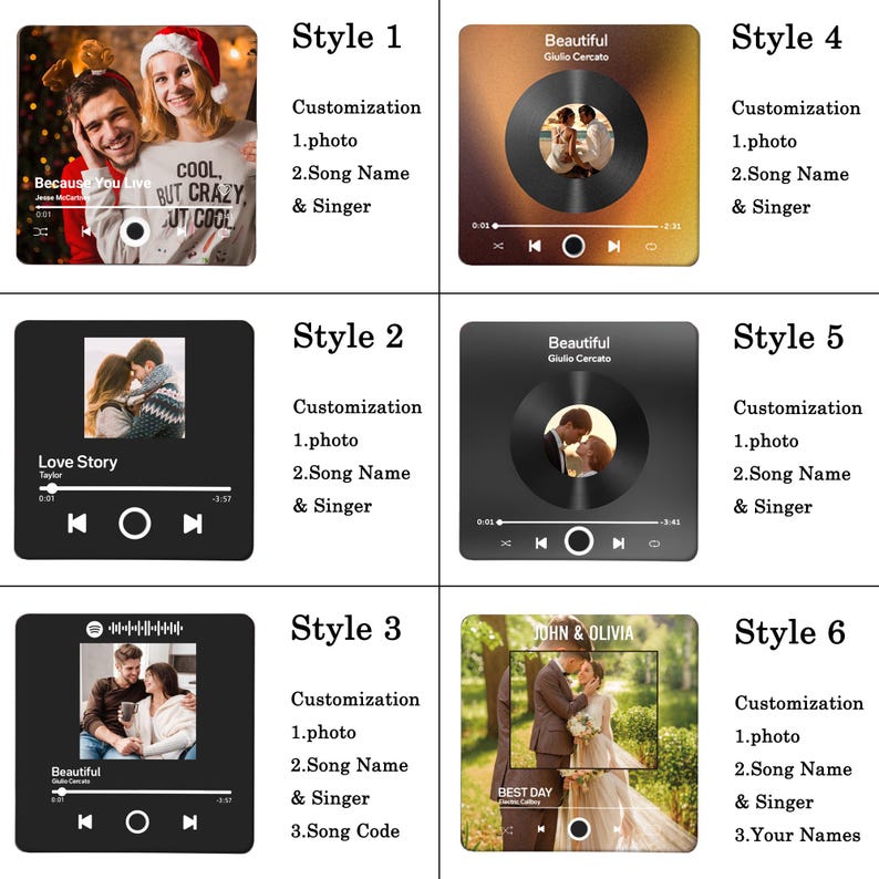 May include: Six different styles of customizable music player designs. Each design features a black background with a white play button and a photo of a couple. The text "Cool, But Crazy, But Cool" is visible in the first design. The text "Love Story" is visible in the second design. The text "Beautiful" is visible in the third design. The text "John & Olivia" is visible in the fourth design. The text "Best Day" is visible in the fifth design. The text "Your Names" is visible in the sixth design.