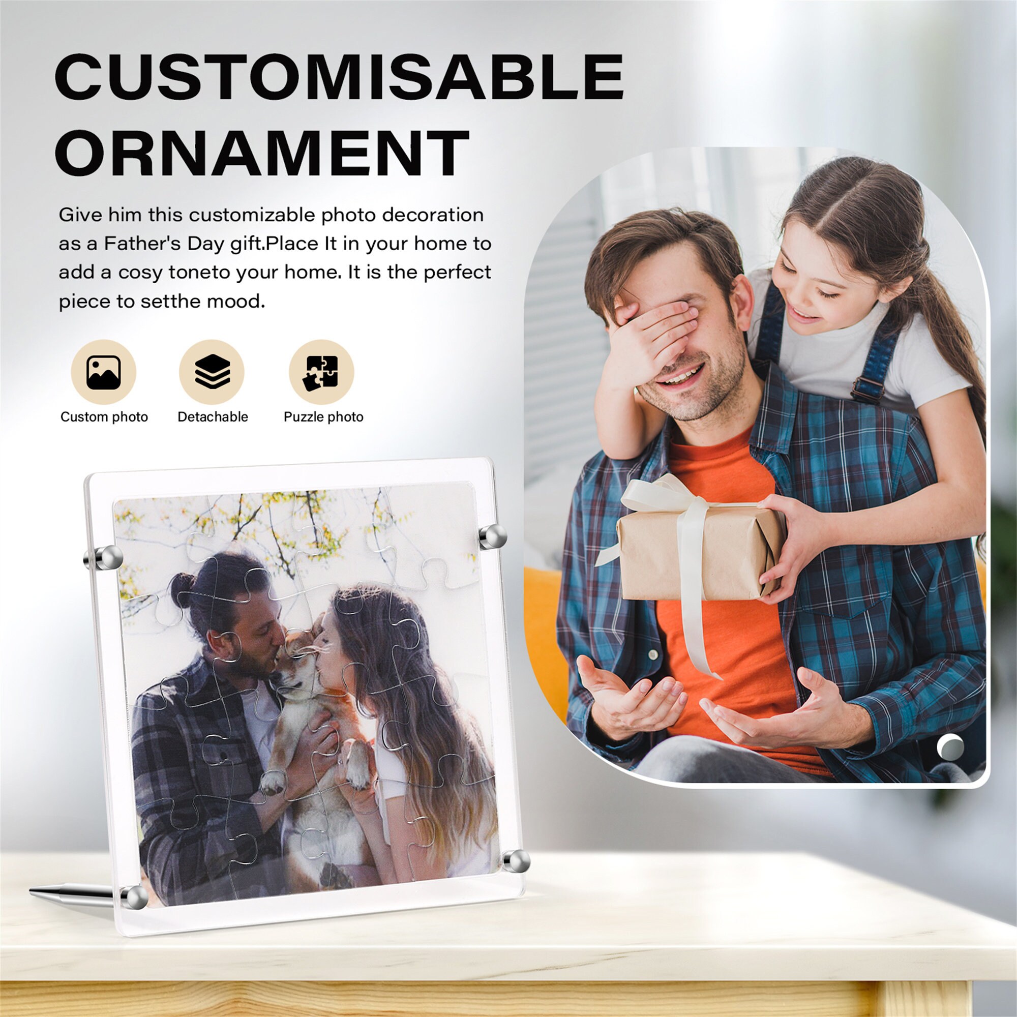 Personalized Custom Photos Jigsaw Puzzle Frame, Picture Puzzle Acrylic Frame with Stand Removable, Gifts for Him, Father&#39;s Day Gift
