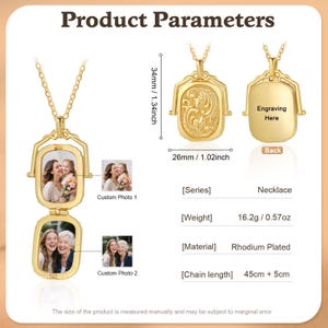 May include: A gold-colored, rhodium-plated necklace with a pendant that opens to reveal two photo slots. The pendant is 1.34 inches long and 1.02 inches wide. The chain is 45cm + 5cm long. The necklace is designed to hold custom photos.