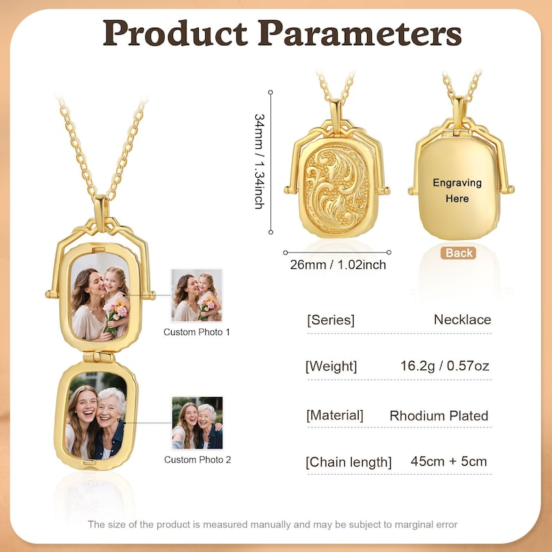 May include: A gold-colored, rhodium-plated necklace with a pendant that opens to reveal two photo slots. The pendant is 1.34 inches long and 1.02 inches wide. The chain is 45cm + 5cm long. The necklace is designed to hold custom photos.