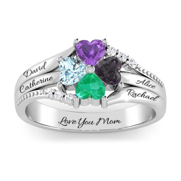 Personalized Mothers Rings with 4 Birthstones 925 Sterling Silver Family Promise Rings for Her Women Mother Daughter Ring Anniversary Gift