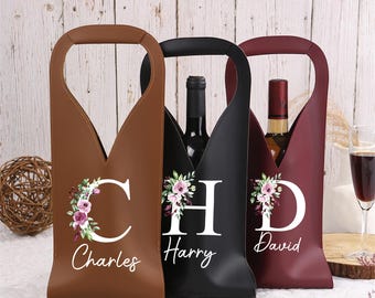 Personalized Leather Wine Bag,Name Wine Tote, Custom Initials/Birthflower Wine Bottle Holder, Housewarming Gift, Gift for Wine Lovers