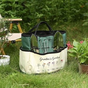 Fourre-tout de jardin personnalisé, sac à outils de jardinage personnalisé avec nom de l'enfant et fleurs de naissance, cadeaux de jardinage pour maman et femme, jardin de grand-mère, cadeaux de fête des mères