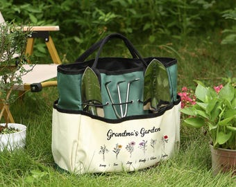 Personalized Garden Tote,Custom Kid's Name & Birthflower Gardening Tool Bag,Gardening Gifts for Mom Wife,Grandma's Garden,Mothers Day Gifts