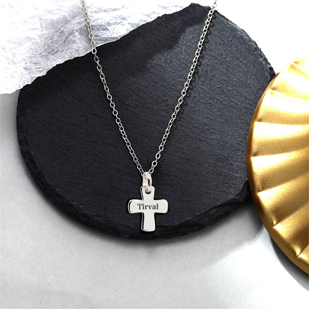 Kids Engraved Cross Necklace Personalized Name Dainty Cross Necklace