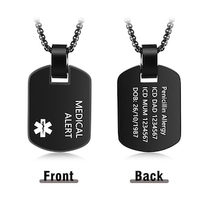 Collier d'alerte médicale personnalisé, Collier noir avec plaque d'identification médicale personnalisée gravée, Collier médical d'identification d'urgence, Cadeaux médicaux pour hommes