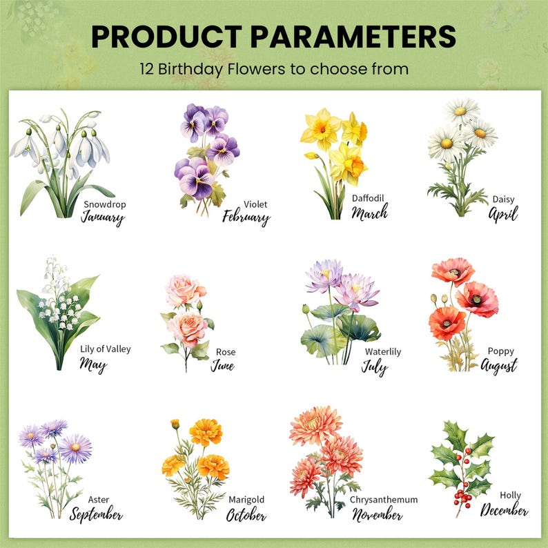 Puede incluir: Un gr&aacute;fico que muestra 12 flores diferentes, cada una representando un mes del a&ntilde;o. Las flores est&aacute;n ilustradas en estilo acuarela y est&aacute;n etiquetadas con sus nombres y el mes correspondiente.