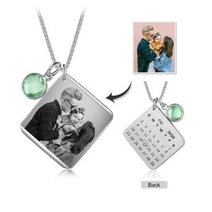 Personalized Photo Necklace with Calendar Engraving Anniversary Gift Customized Picture Pendant Necklace for Father,Husband,Boyfriend