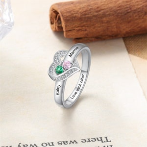 Anillo de corazón con 2 nombres y 2 piedras de nacimiento personalizado, anillo de plata de ley para madre e hija, anillo de promesa para sus ideas de regalos personalizadas para ella