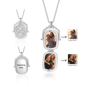 May include: A silver-colored locket necklace with a rectangular pendant that opens to reveal two custom photos. The pendant has a decorative design on one side and the option for engraving on the other. The necklace is displayed with two sample photos.