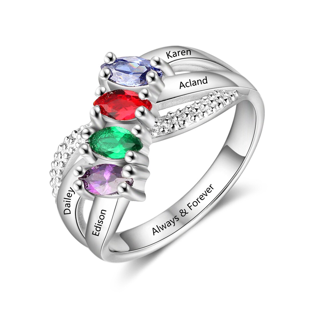 thumbnail interactive-video image 1 of Dolce Valentina 925 Sterling Silver Mother's Family Ring – 4 Names & Birthstones 1 of 2