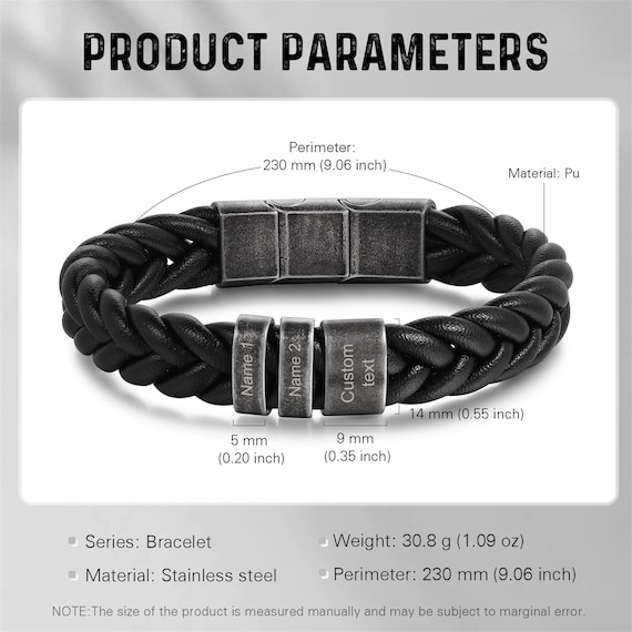 Personalized Men's Black Braid Bracelet With Custom Name Beads - Engraved Family Names Jewelry Gift
