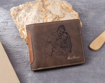 Personalized Photo Wallets for Men, Custom Name Engraved Mens Leather Wallet, Picture Wallet, Gift for Dad Husband, Father's Day Gift