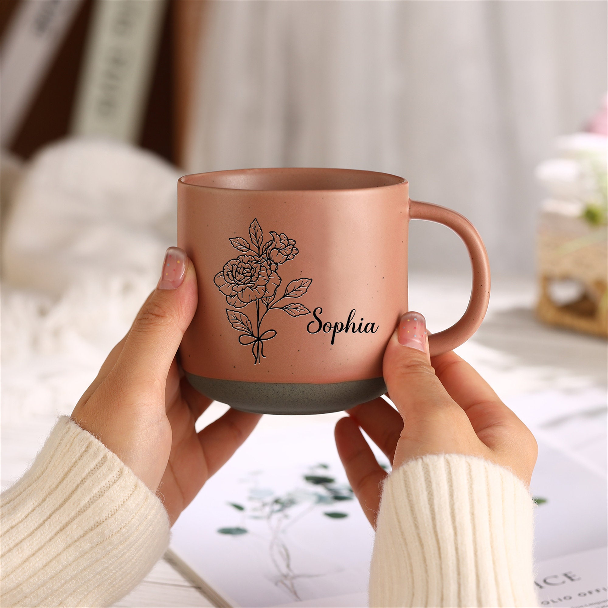 Custom Mug Ceramic Mug, Birth Flower Mug, Coffee Mug, Engraved Name Floral Mug, Personalized Family Christmas Birthday Gift, Wedding Favor