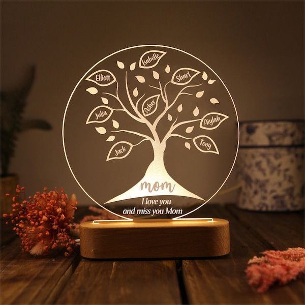 Personnalisé arbre généalogique veilleuse acrylique lampe à LED personnalisé grand-mère enfants noms lampe de bureau décoration de la maison cadeau pour maman grands-parents