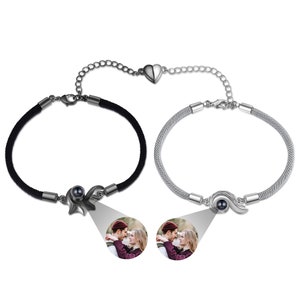 Custom Color Photo Projection Charm Couples Bracelet Memorial Picture Image Personalized Gift Bracelet for Wife,for Women,for Men (2pcs)