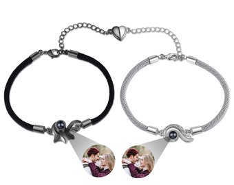 Custom Color Photo Projection Charm Couples Bracelet Memorial Picture Image Personalized Gift Bracelet for Wife,for Women,for Men (2pcs)