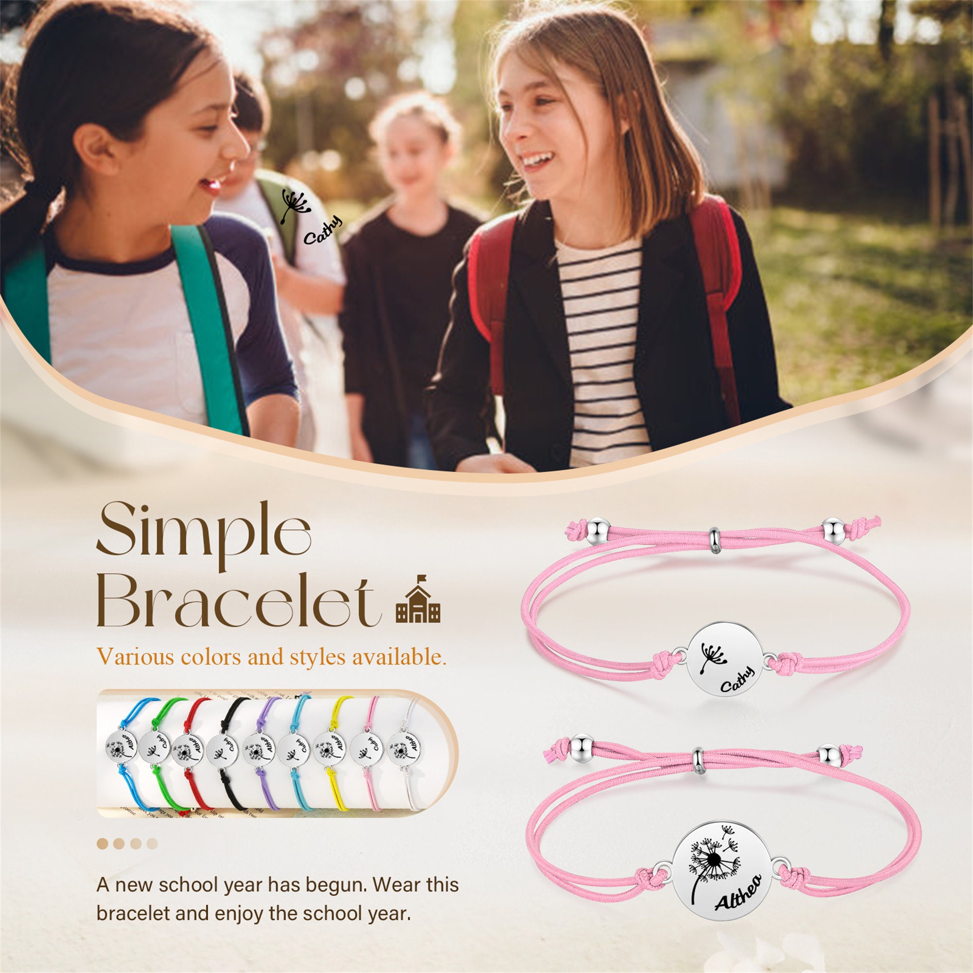Custom Mother Daughter Bracelet Set, Dandelion Print with Name Engraved Matching Bracelets, 1st Day of School, Back to School Gifts for Girl
