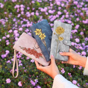 Cartera de cuero para mujer, personalizada con nombre y flor de nacimiento, monedero de cuero con cremallera, monedero para mujer, regalo para el Día de la Madre, regalo de cumpleaños.