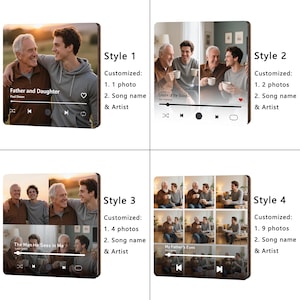 May include: Wooden plaques with customizable photo and music player designs. Style 1 features one photo, Style 2 has two, Style 3 displays four, and Style 4 showcases nine photos. Each style includes song name and artist customization.