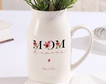 Personalized Monogrammed Name Ceramic Vase for Women, Custom Flower Vase with Kids Name, Vase for Mum,Mother's Day Gift for Mom Nana Grandma