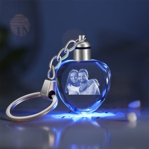 May include: A crystal heart keychain with a photo of a couple inside. The heart is blue and has a silver metal ring attached to it.