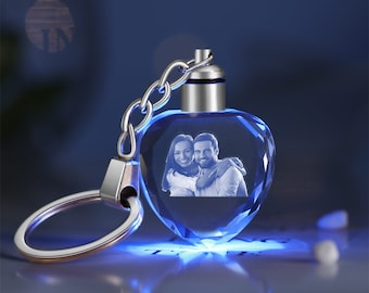 May include: A crystal heart keyring with a photo of a couple inside. The heart is blue and has a silver metal ring attached to it.