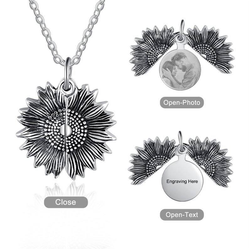 Pu&ograve; includere: Collana con pendente a forma di girasole argentato. Il pendente si apre per rivelare una foto o un testo. La collana &egrave; mostrata in posizione chiusa e aperta. Il pendente &egrave; rifinito con un design a girasole e pende da una delicata catena.