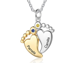 Baby Two Footprints Bicolor Mother Necklace Personalized Custom Name Birthstones Sterling Silver Pendant Necklace Anniversary Gift For Wife