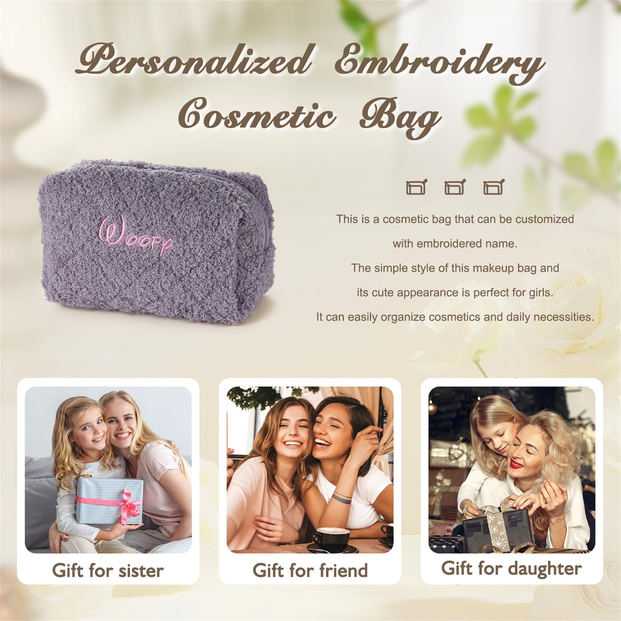 Embroidered Name Makeup Bag, Travel Cosmetic Bag, Cosmetic Organizer, Bridesmaid Makeup Bag, Mom Gift, Birthday Gifts Women, Bridesmaid Gift