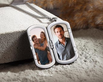 Photo Locket Men's Necklace, Personalized Memorial Photo Necklace for Him, Engraved Dog Tag Pendant Locket, Husband Keepsake Gift