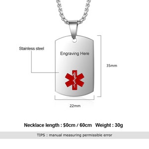 Collier d'alerte médicale personnalisé pour homme, femme, étiquette d'identification médicale gravée en acier inoxydable, collier d'alerte médicale d'urgence pour homme image 2