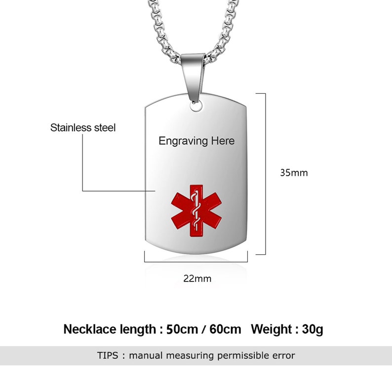 Custom Medical Alert Necklace for Men Women Stainless Steel Engraved Medical ID Tag Emergency Med Alert Necklace for Men image 2