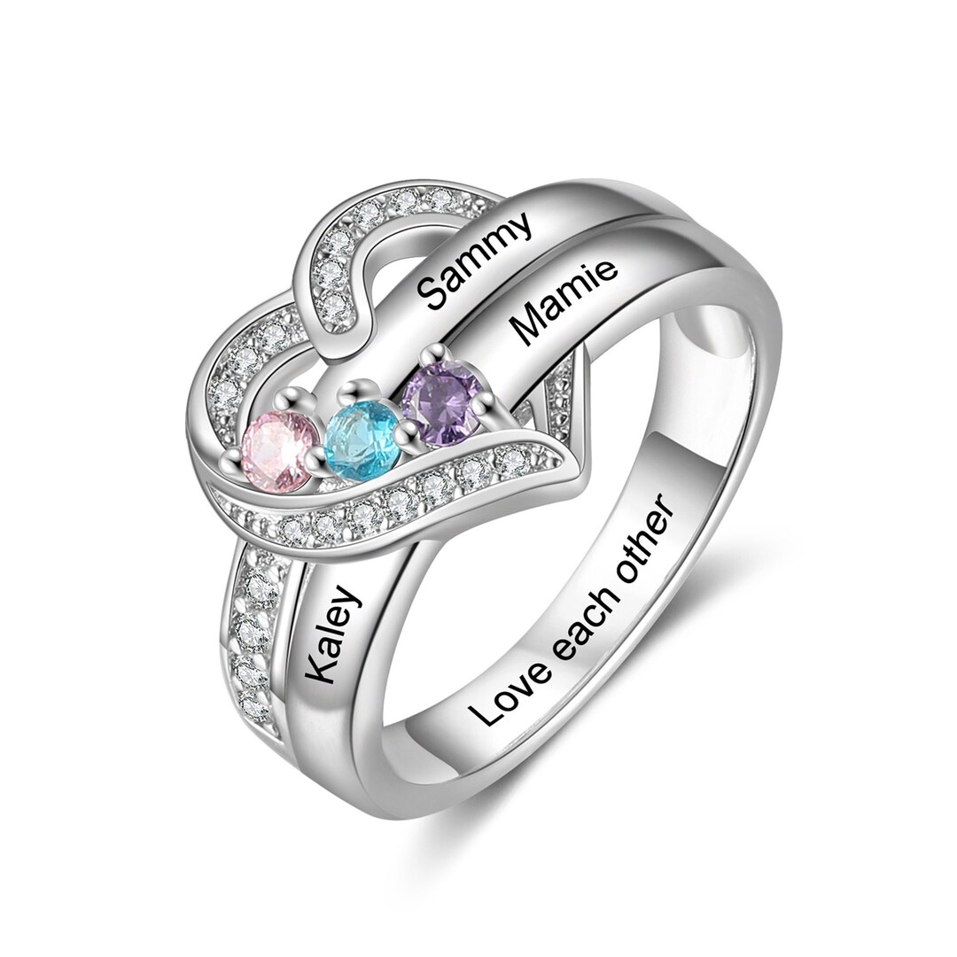 Personalized Gifts Custom Engraced Name Rings 3 Birthstones Family Ring ...
