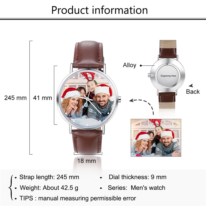 Pode incluir: Um rel&oacute;gio prateado com uma pulseira de couro marrom e uma foto de uma fam&iacute;lia com chap&eacute;us de Papai Noel no mostrador. O rel&oacute;gio tem um di&acirc;metro de 41 mm e um comprimento de pulseira de 245 mm. O rel&oacute;gio tem uma espessura de 9 mm e pesa 42,5 gramas. A parte de tr&aacute;s do rel&oacute;gio tem uma &aacute;rea para grava&ccedil;&atilde;o.