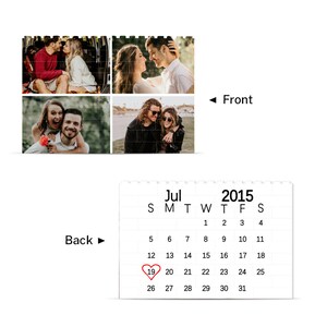 Peut inclure: Un calendrier blanc avec un cœur rouge marquant le 19 juillet 2015. Le calendrier est entouré de quatre photos d'un couple.