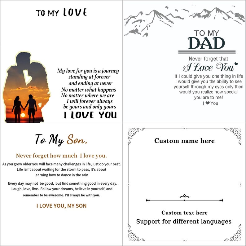 Pu&ograve; includere: Una carta stampabile con un design a catena montuosa e il testo "To My Dad" in grassetto. La carta include il testo "Never forget that I Love You" e un simbolo di cuore. La carta include anche il testo "Custom name here" e "Custom text here".