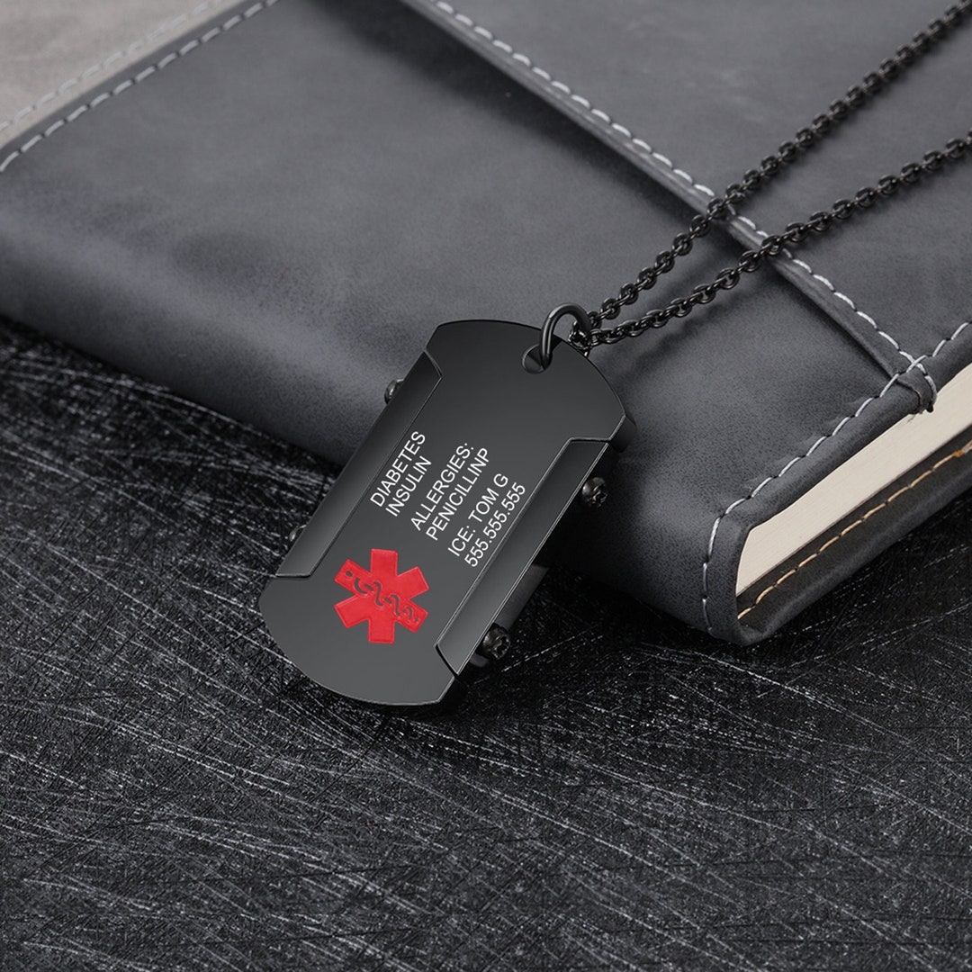 Medical Alert Pendant Necklace for Men Women Custom Engraved Name ID