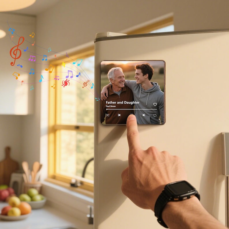 May include: A square magnet with a photo of a father and son, with the text "Father and Daughter" and "Paul Simon". A finger presses the play button. Colorful musical notes emanate from the magnet. A black watch is on the wrist.