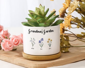 Personalisierte Vase für Oma, Omas Garten, individuelle Geburtstagsblume und Familiennamen Keramikblumenvase Geschenke für Sie, Geschenk zum Muttertag