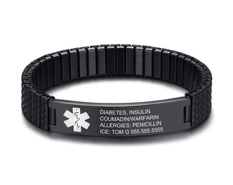 Bracelet d'alerte médicale personnalisé élastique de 7 pouces pour hommes femmes bracelets d'identification d'alerte médicale d'urgence étanches cadeaux personnalisés pour lui